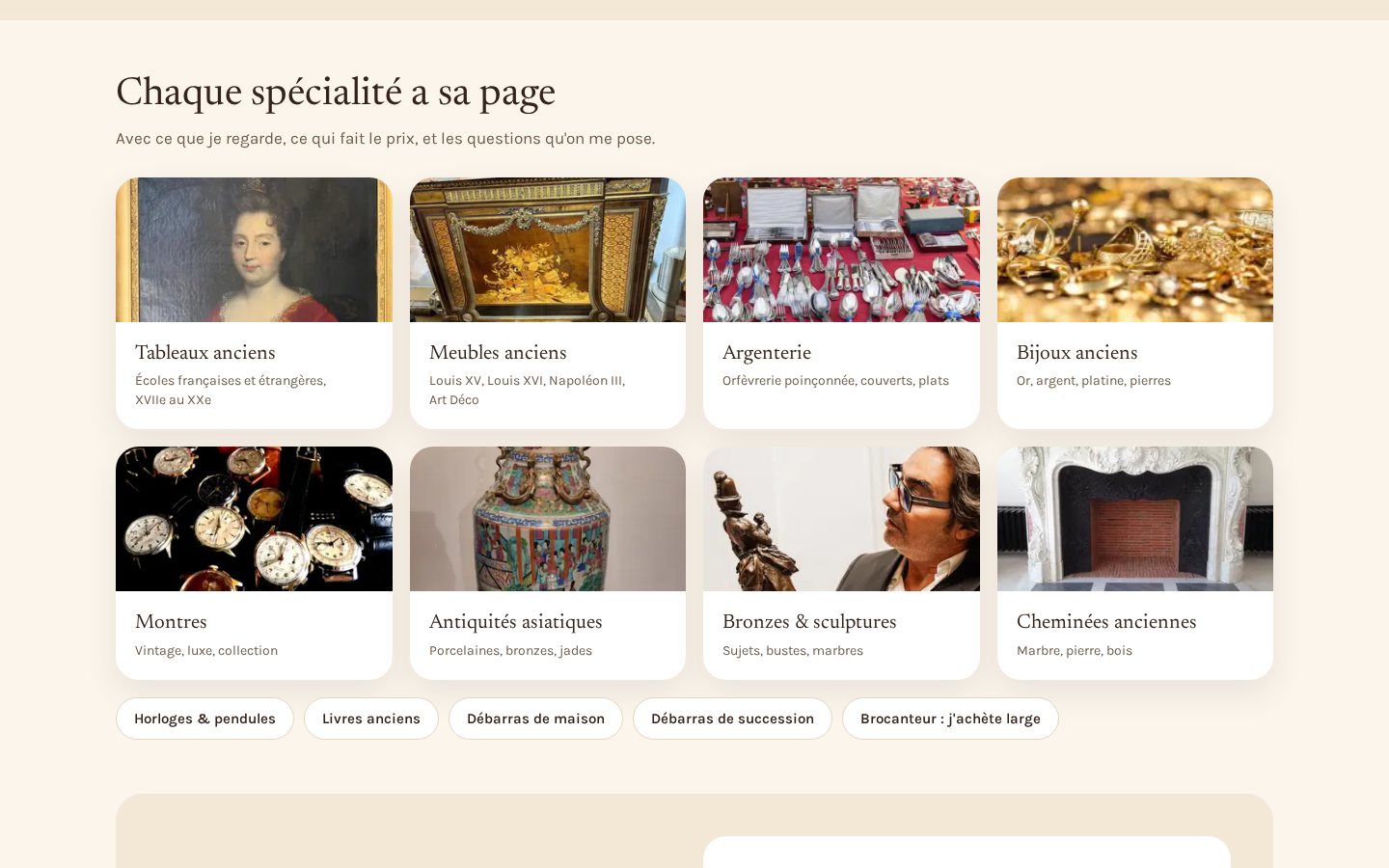 Grille des spécialités d'Antiquité Mallarmé, une page par famille d'objets